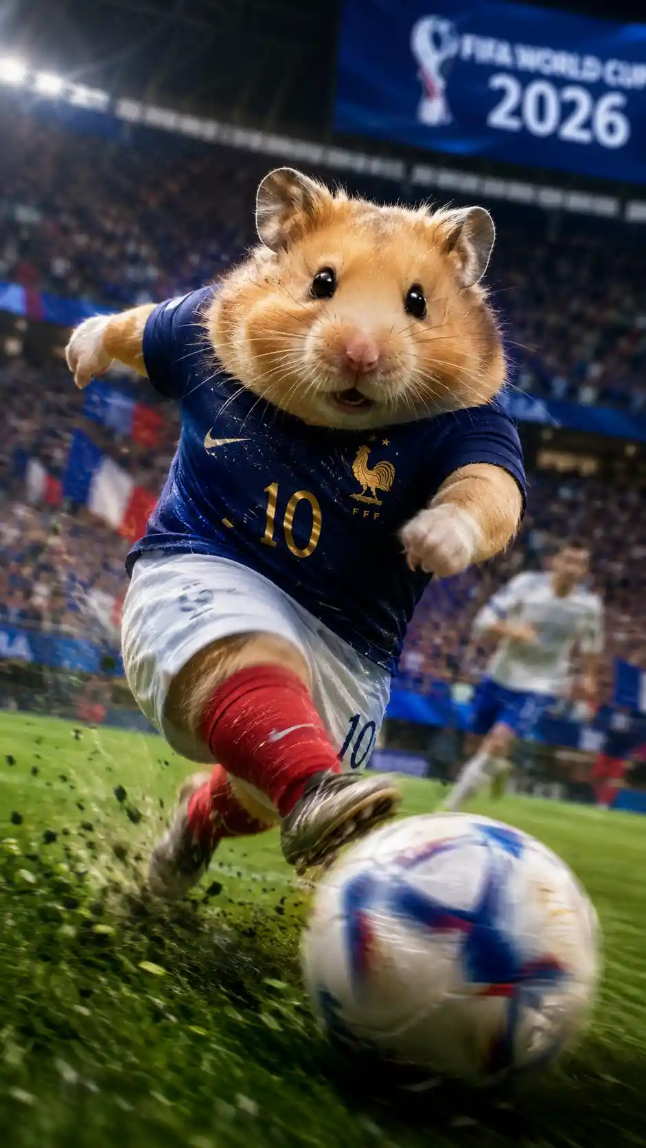 Golden hamster in French jersey kicking a football