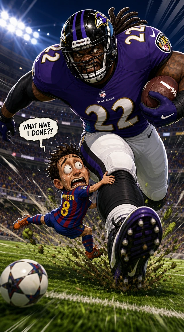 Tiny soccer player tackling giant football running back
