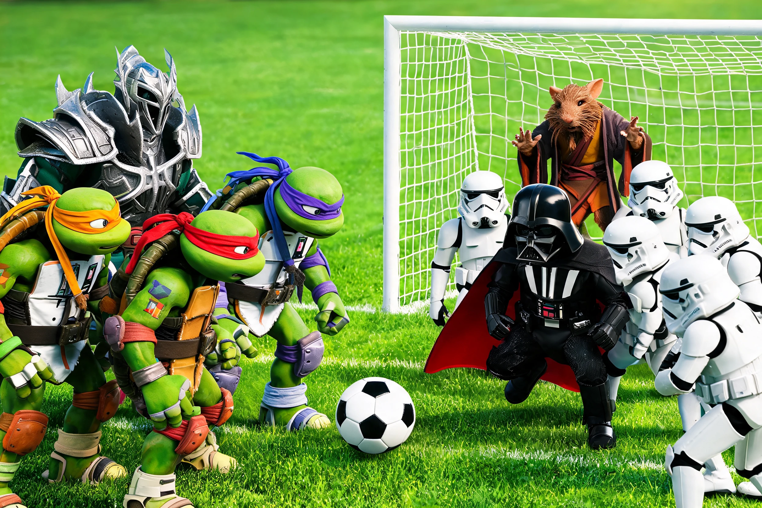 Close up of ninja turtles playing soccer together