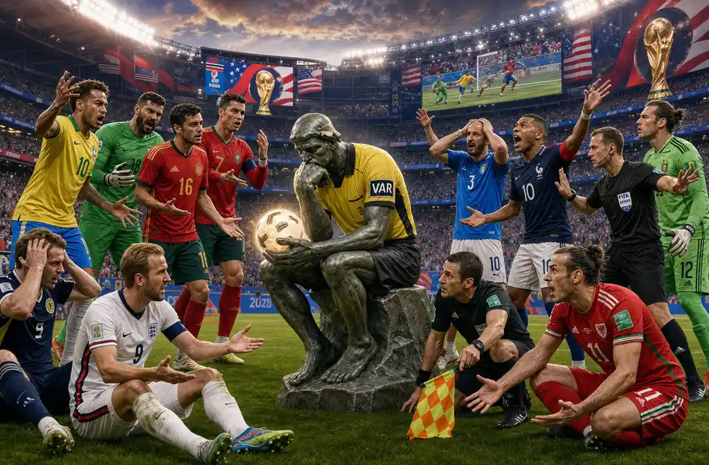 Rodin thinker as var referee on crowded soccer field