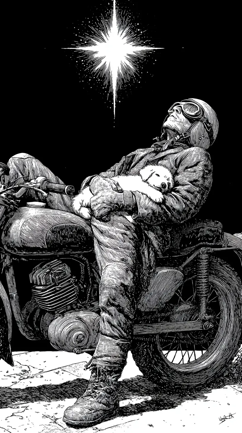 Tired biker sleeping on vintage motorcycle with puppy
