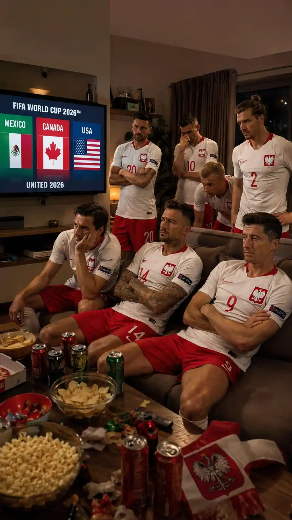 Football players watching world cup on a living room couch