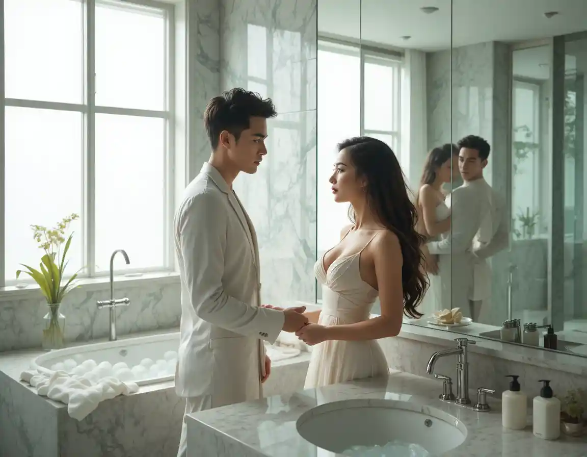 Intimate couple reflected in a modern bathroom mirror