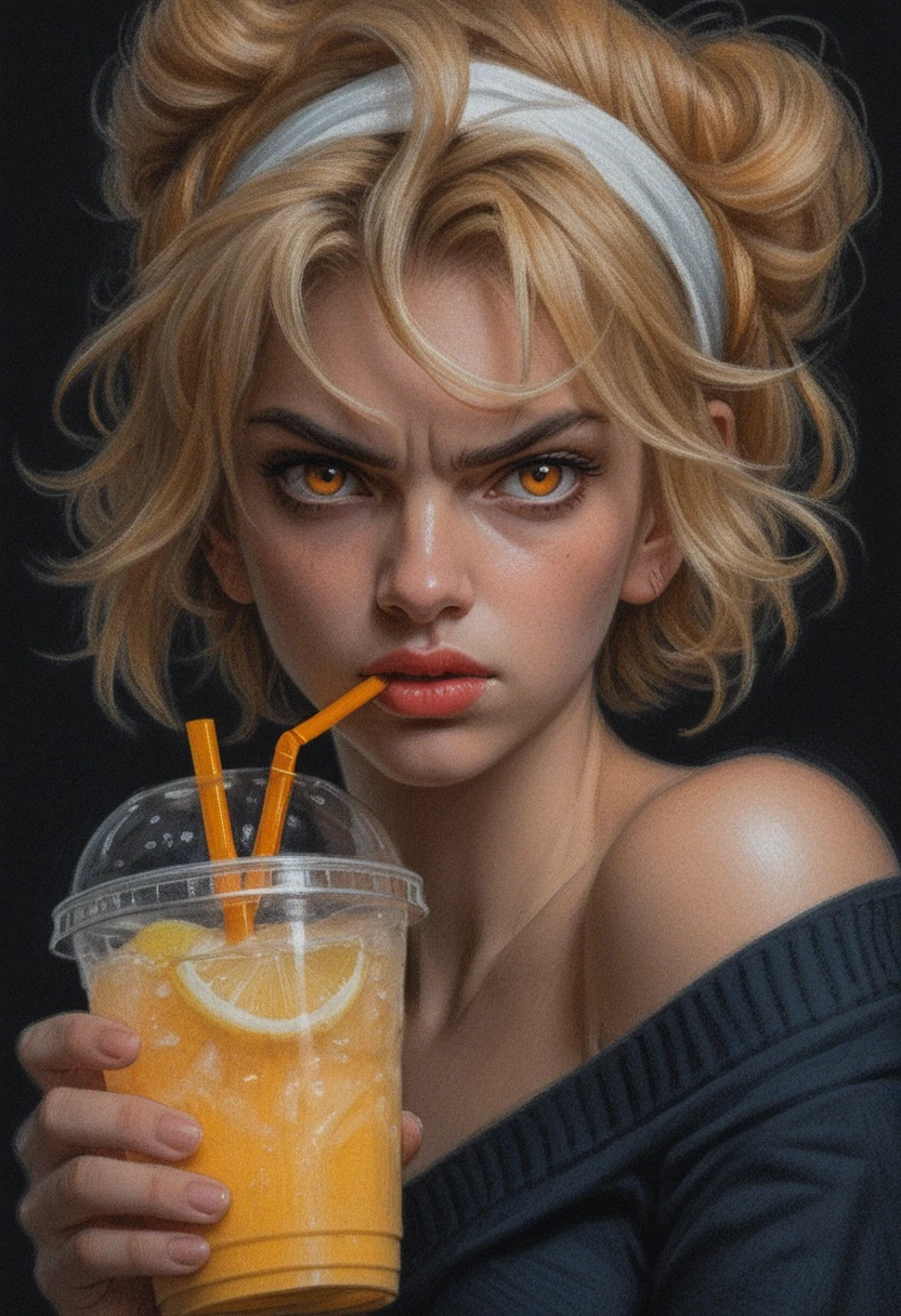 Jeune fille blonde rebelle avec limonade en portrait dramatique en gros plan
