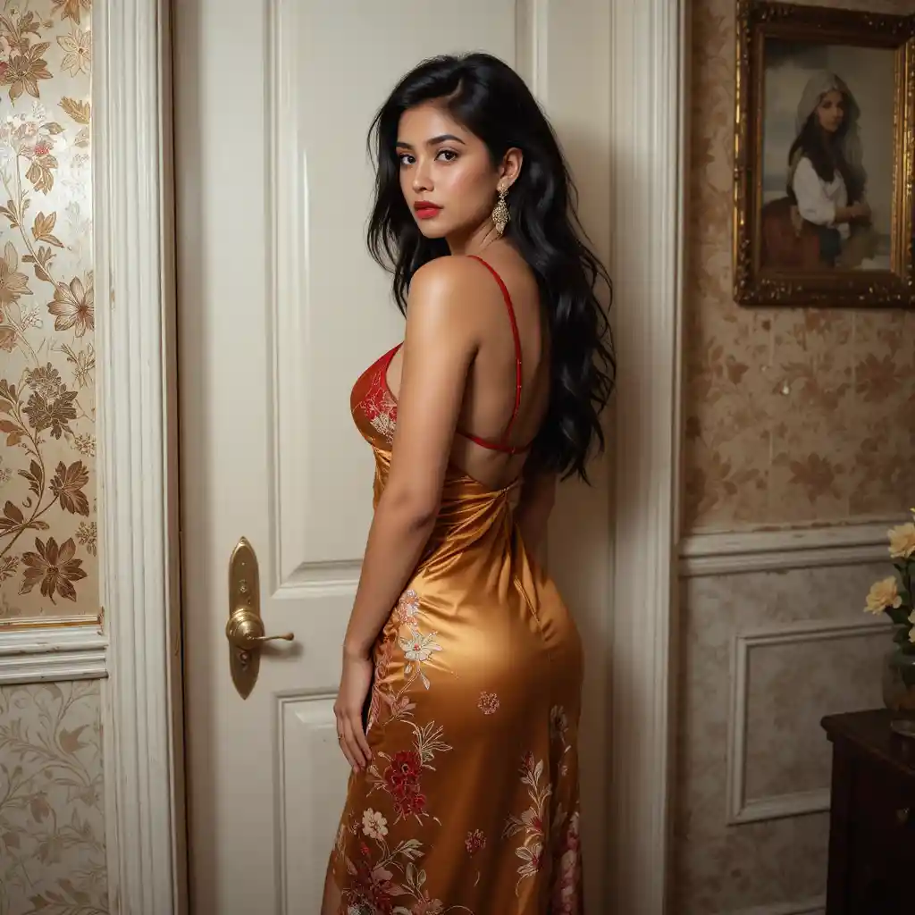 Glamorous woman in golden floral night dress in bedroom