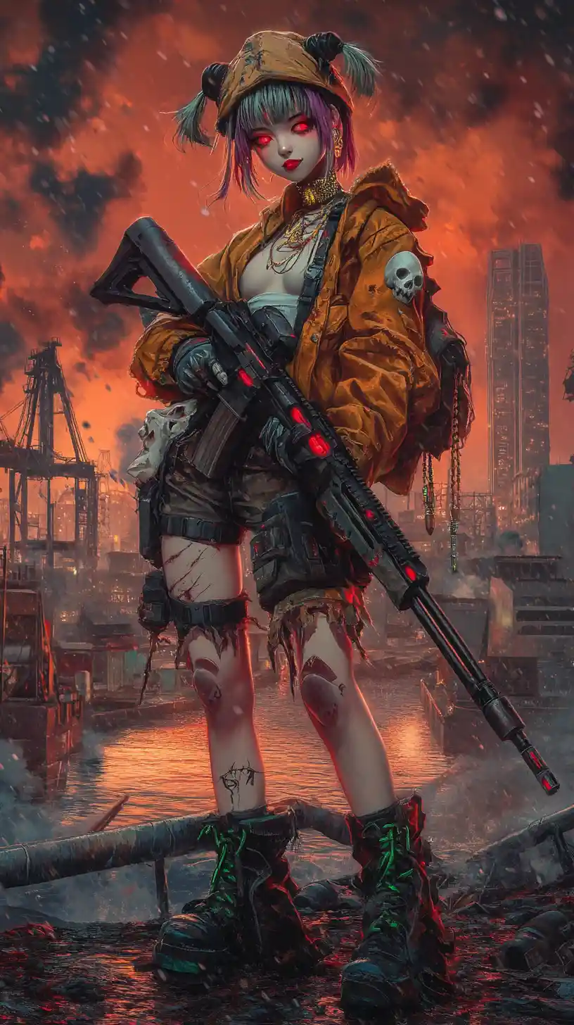 Anime girl with rifle in a burning urban war zone