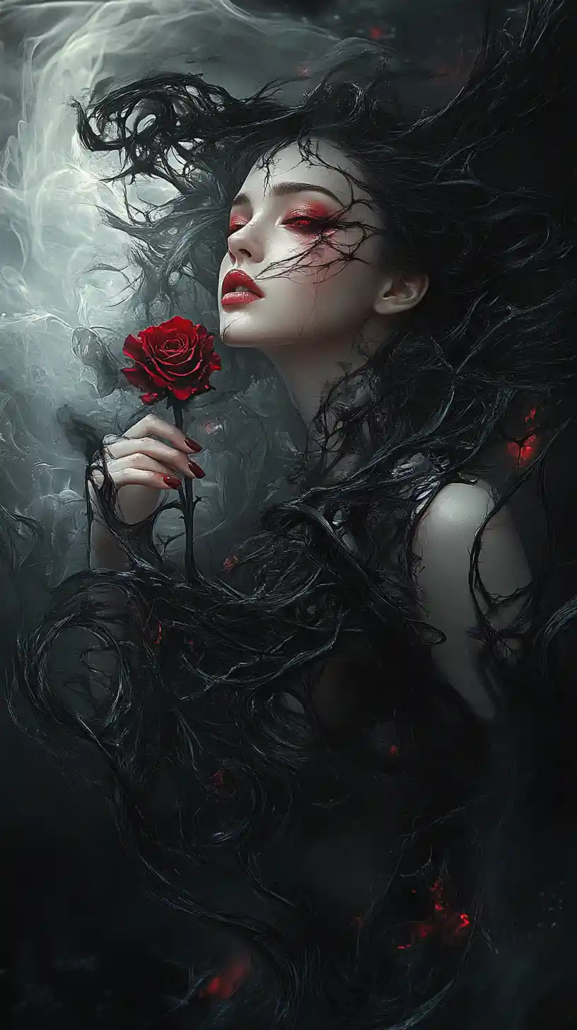 Dark haired woman with red eyes holding a black rose