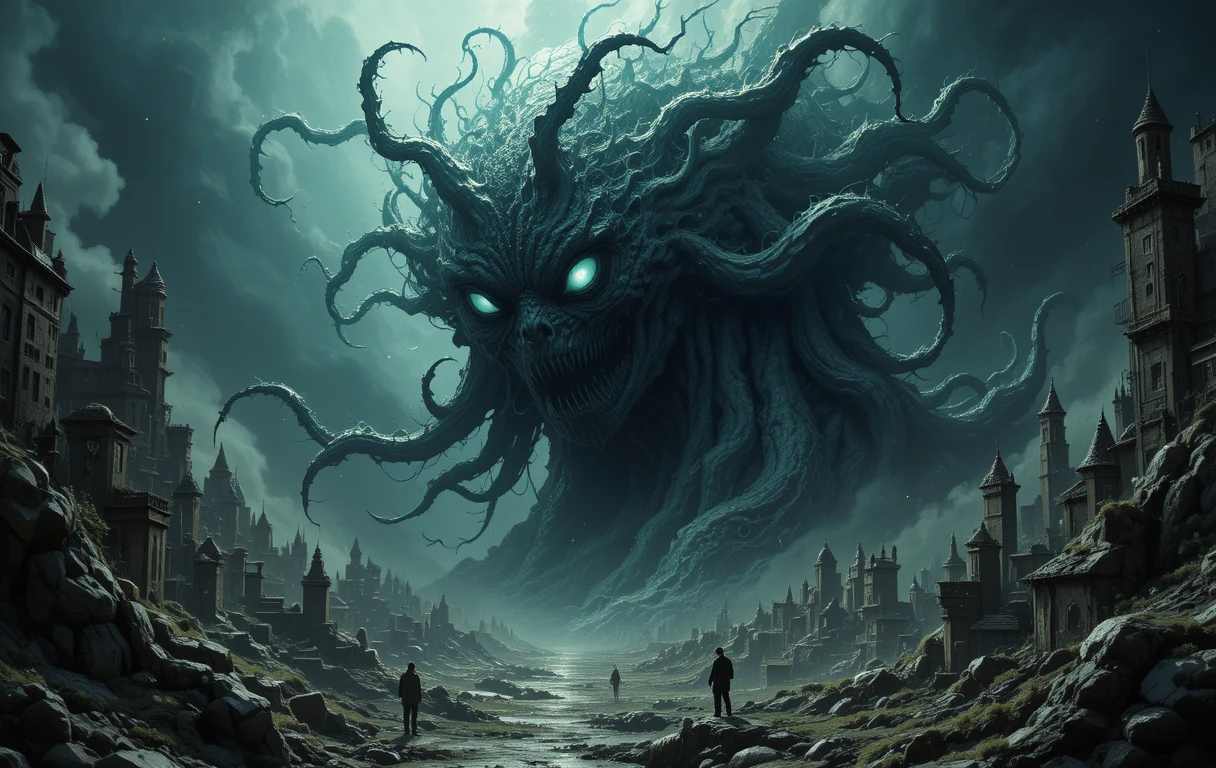 Eldritch god looming over a tiny bewildered city