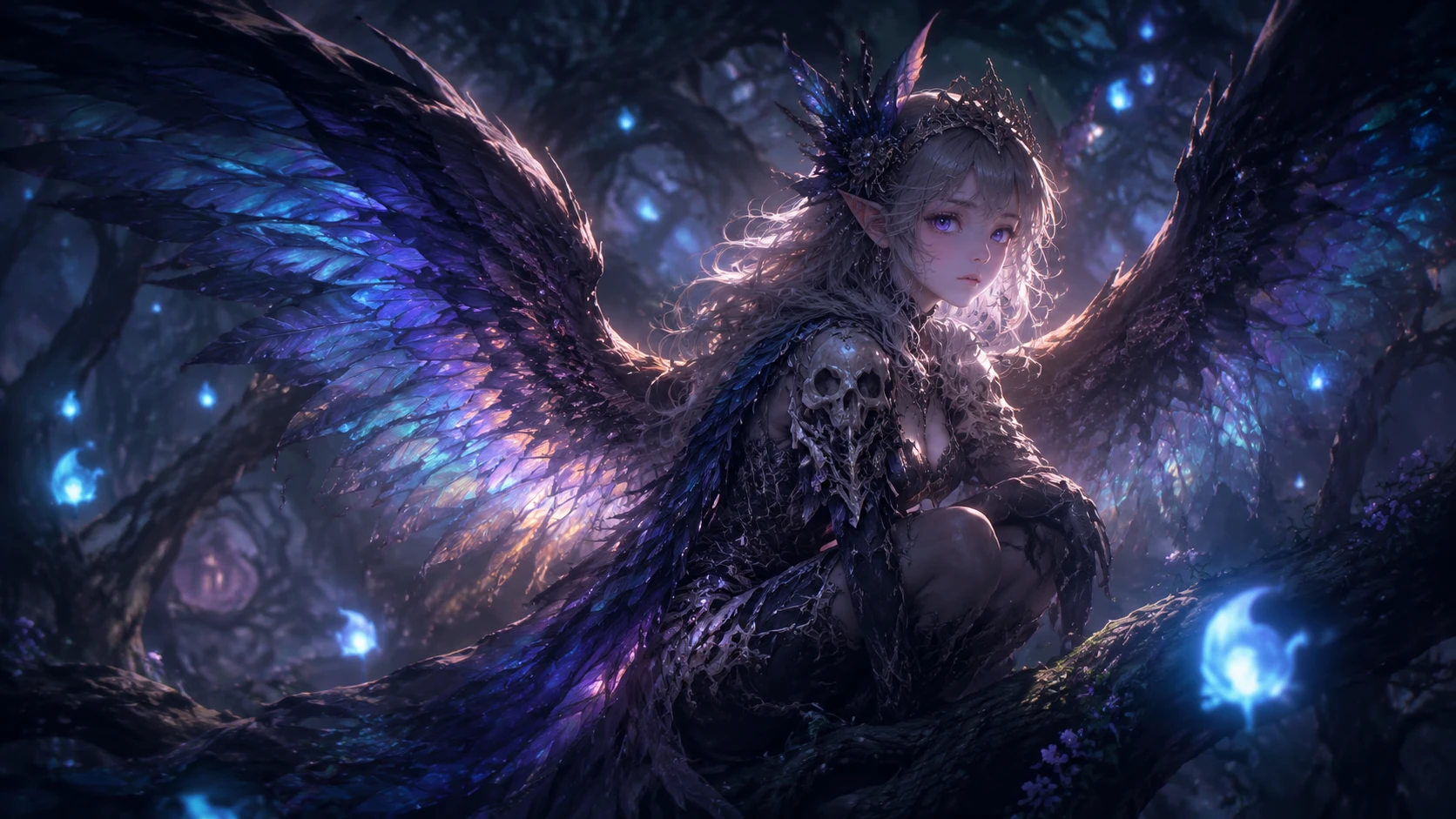 Luminous winged guardian resting in a shadowed ancient forest