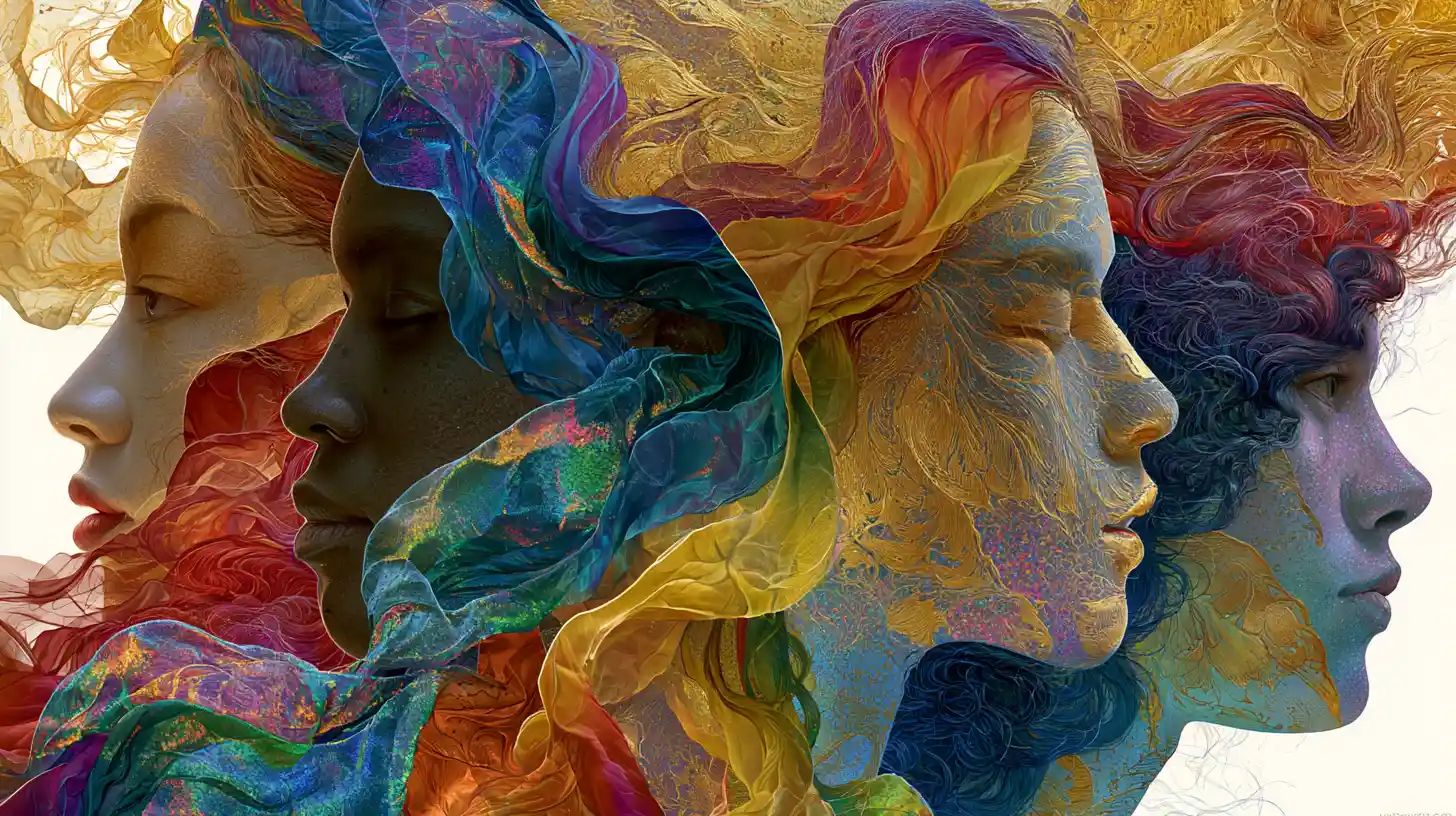 Surreal double exposure portraits woven with liquid rainbow silk