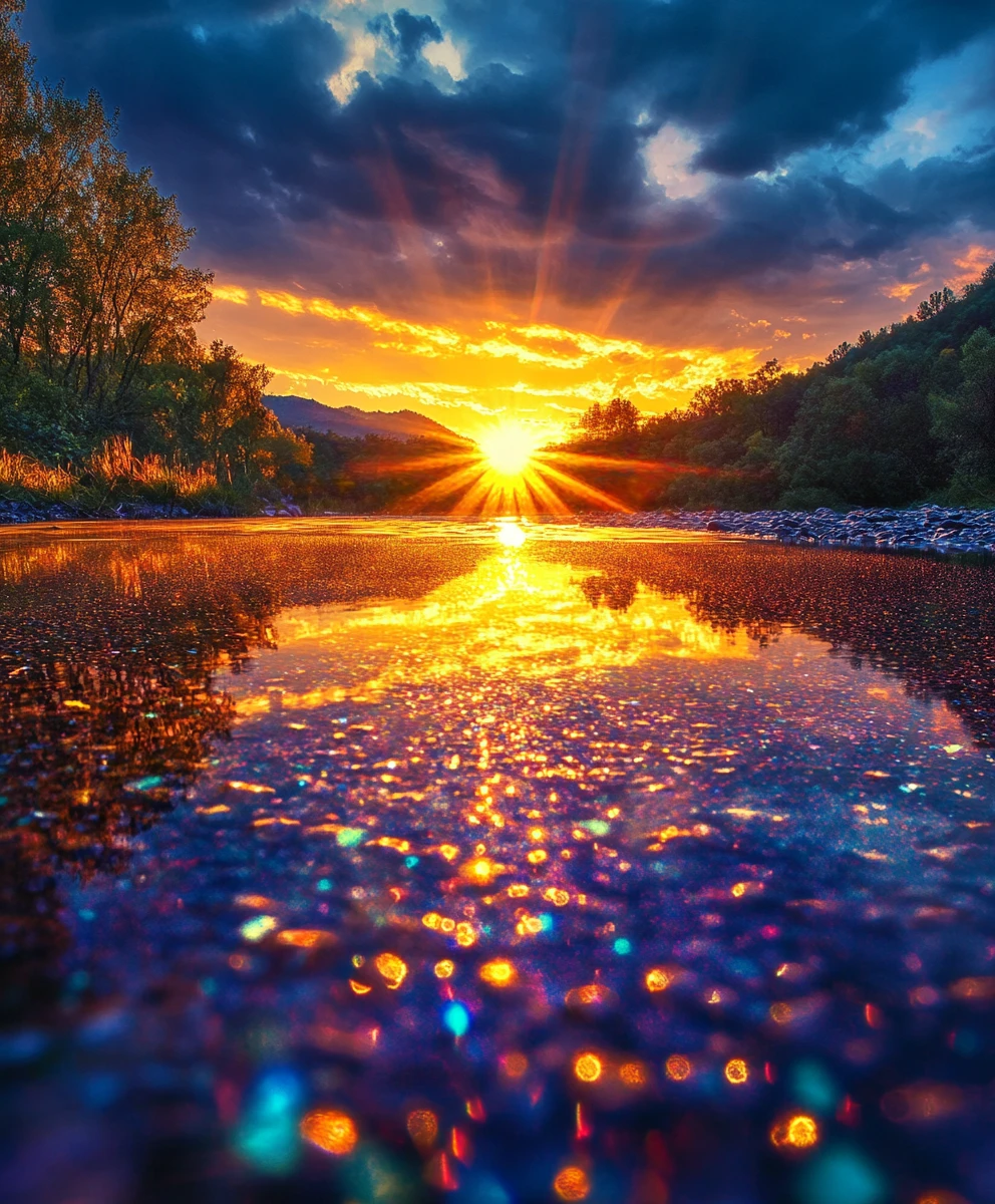 Sunrise light dancing on a sparkling forest river