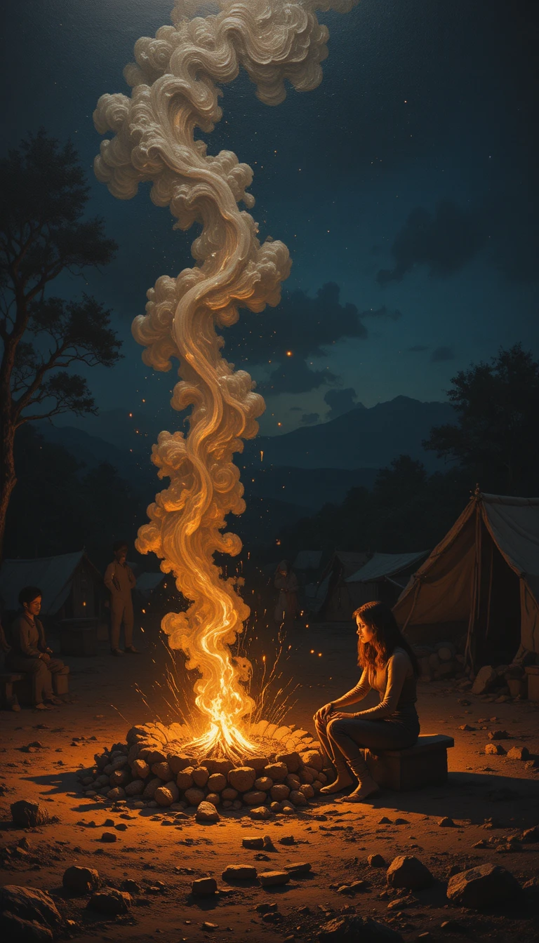 Woman sitting by a fading campfire in textured night painting