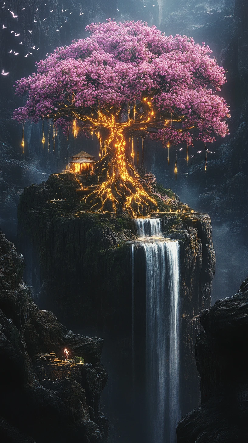 Ancient Blossoming Tree On Floating Rock Islands