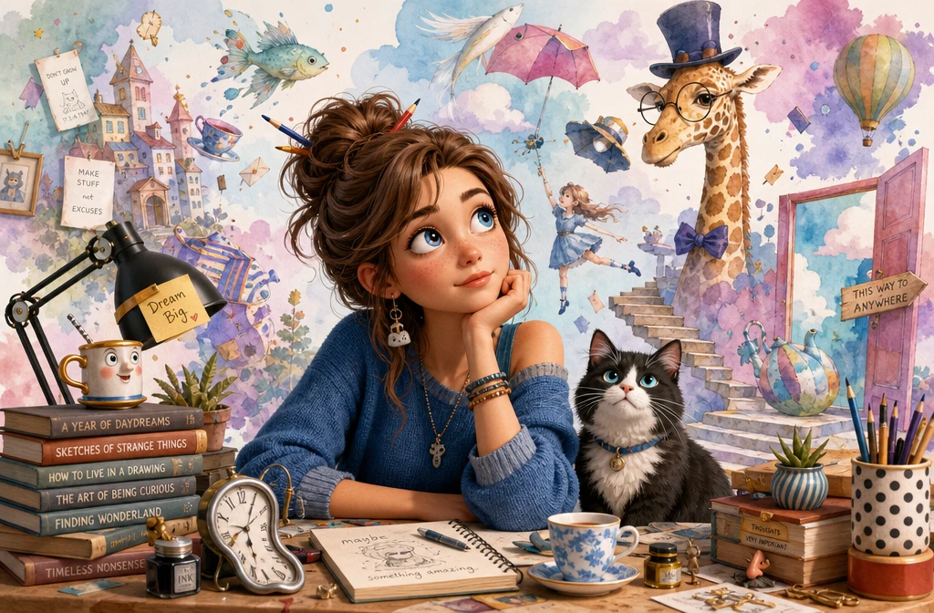 Quirky young woman daydreaming at her desk with cat