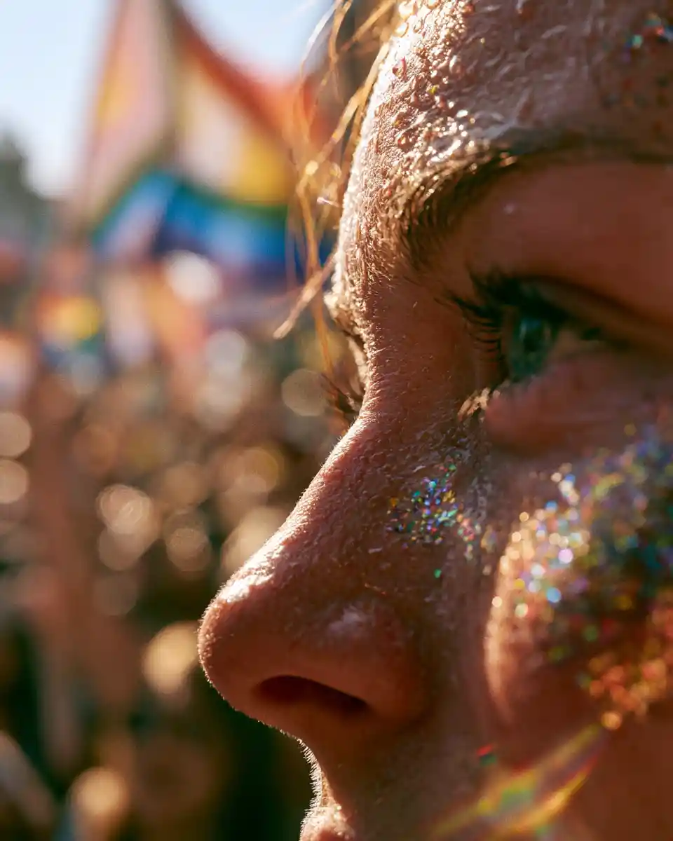 Queer portrait with rainbow glitter and pride crowd bokeh