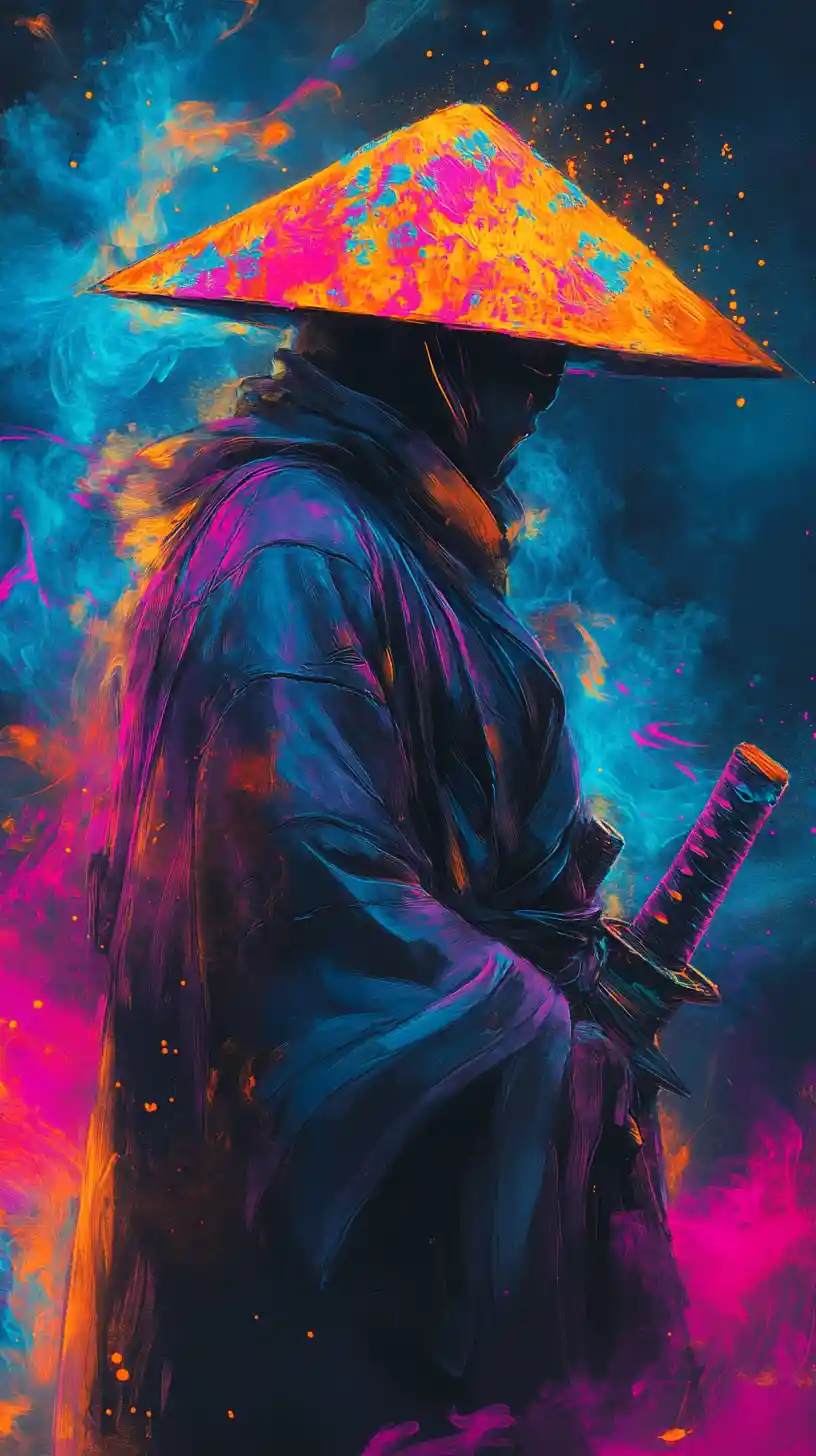 Neon-umhüllter Samurai in wirbelndem abstraktem Rauch