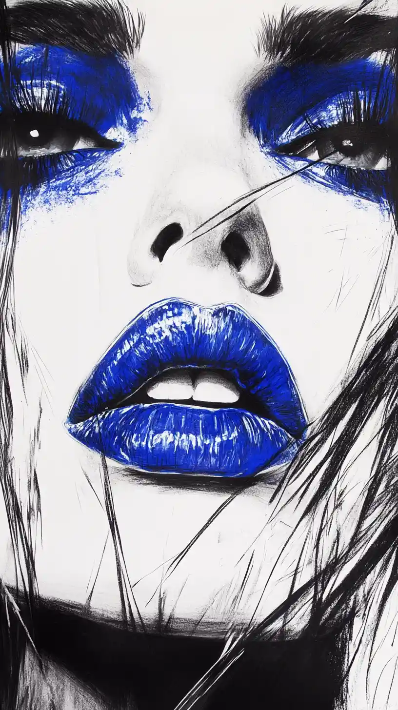 Expressive sketch portrait with electric blue lips and eyes