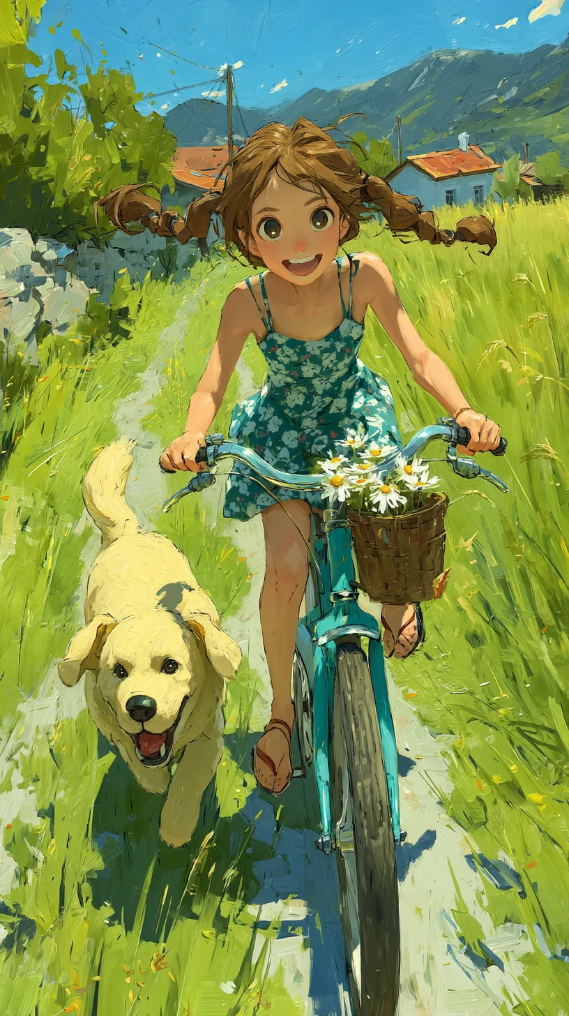 Little girl cycling with dog on sunny country road
