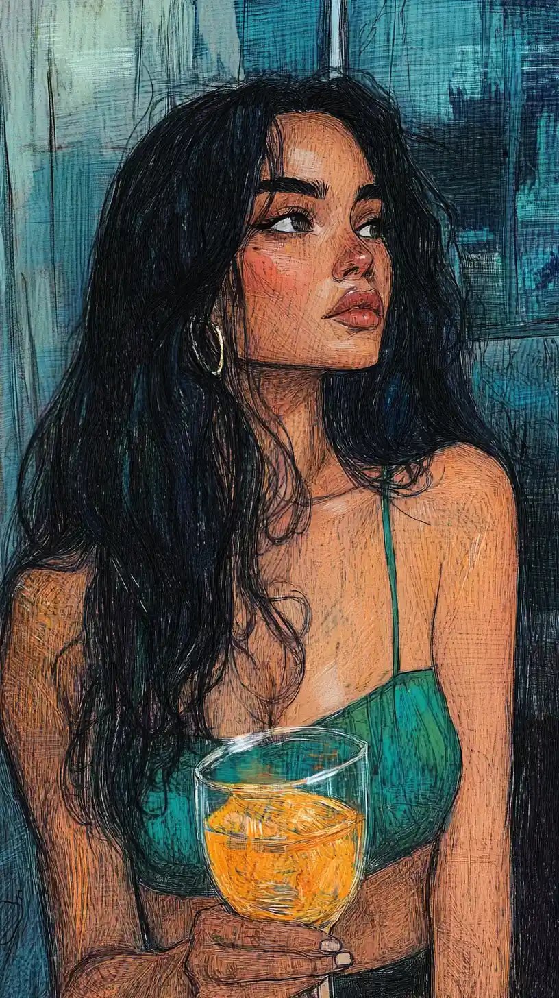 Pensive woman in bubble bath with orange juice glass