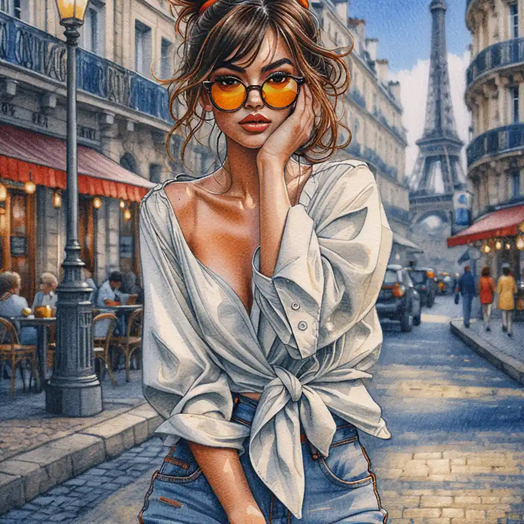 Stylish woman on Paris street in colored pencil illustration