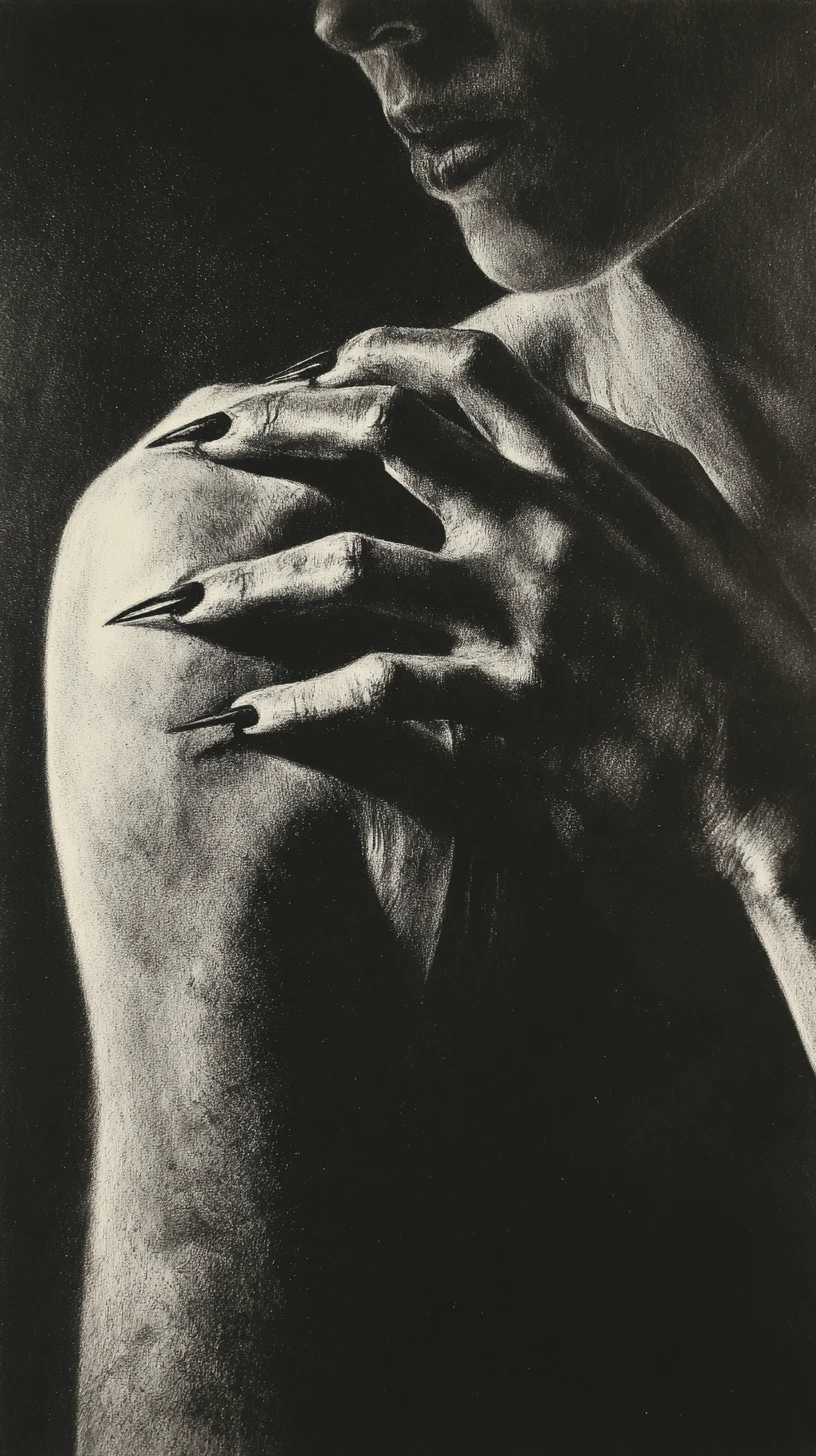 Charcoal close up of claws scraping a bare female back