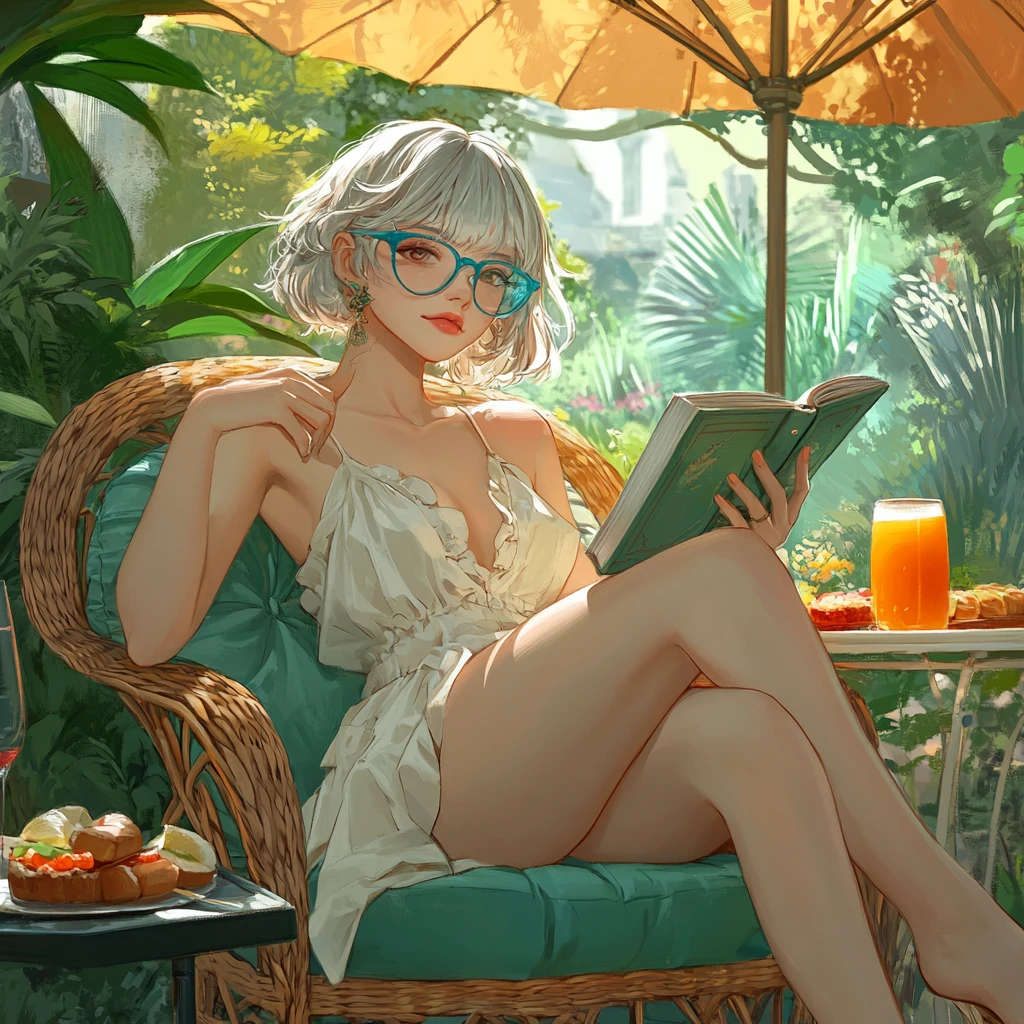 Woman reading on a rattan chair in a tranquil garden