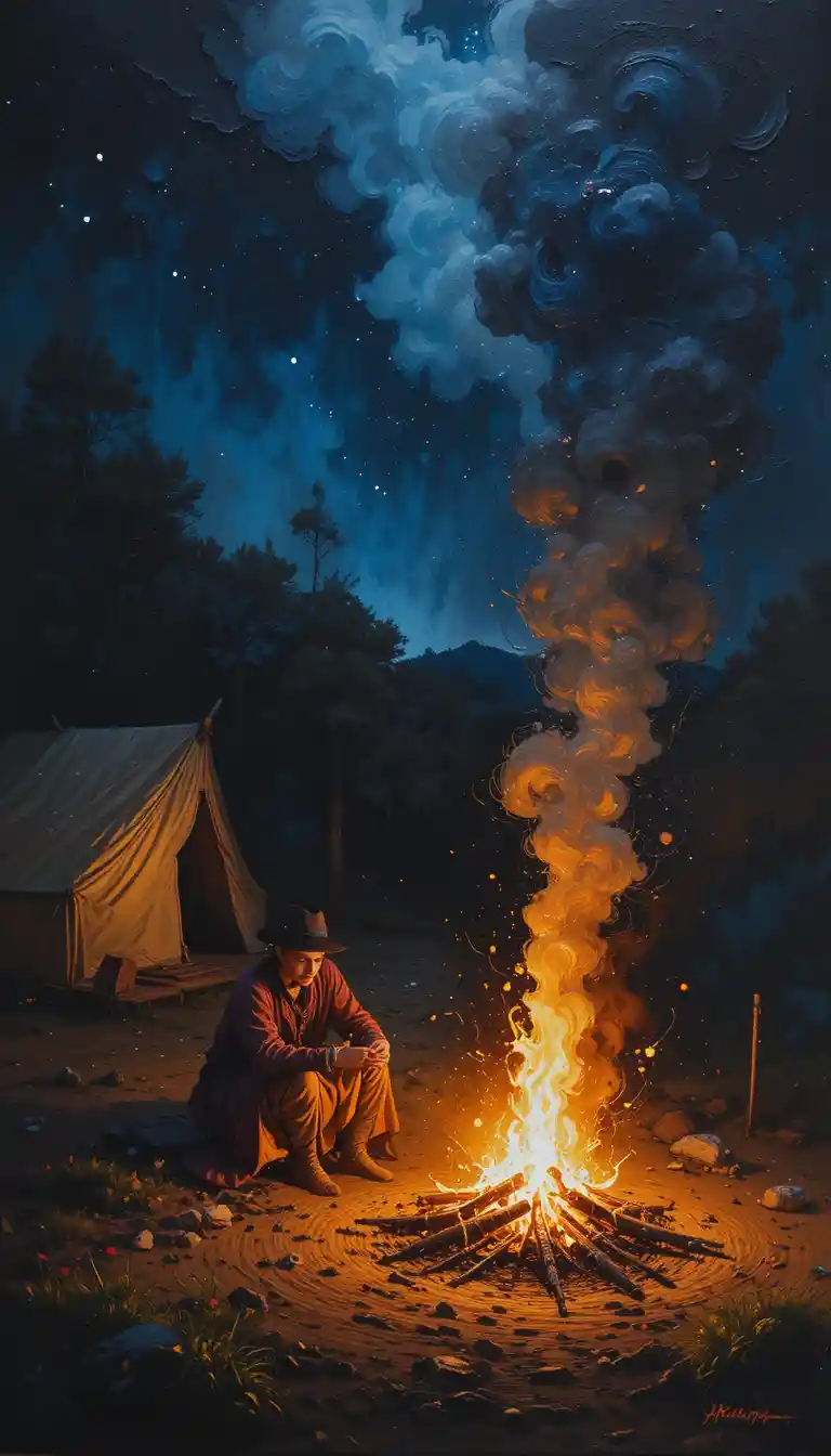 Woman seated by a glowing campfire in gestural impasto painting