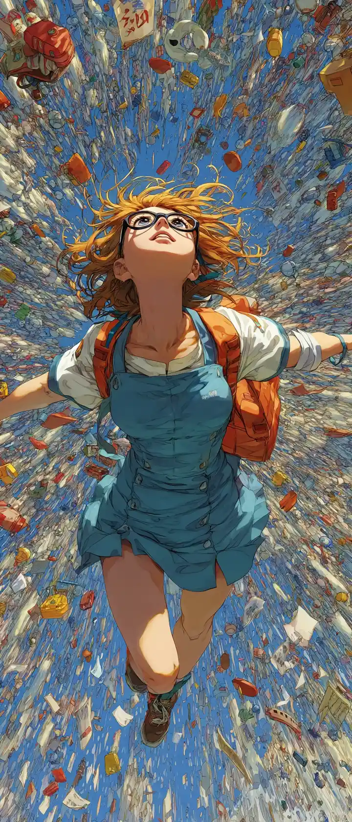 Escolar de anime saltando entre objetos coloridos en espiral