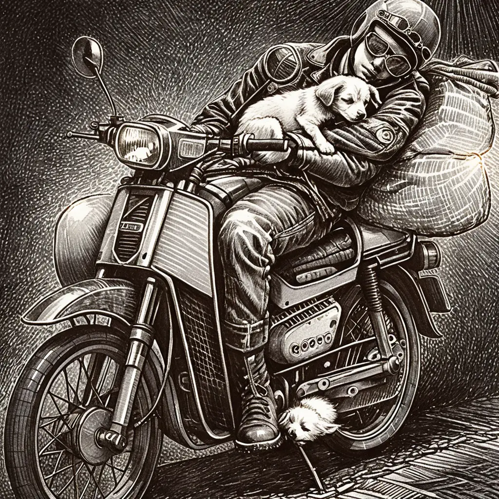 Tired biker sleeping on a vintage motorcycle with puppy