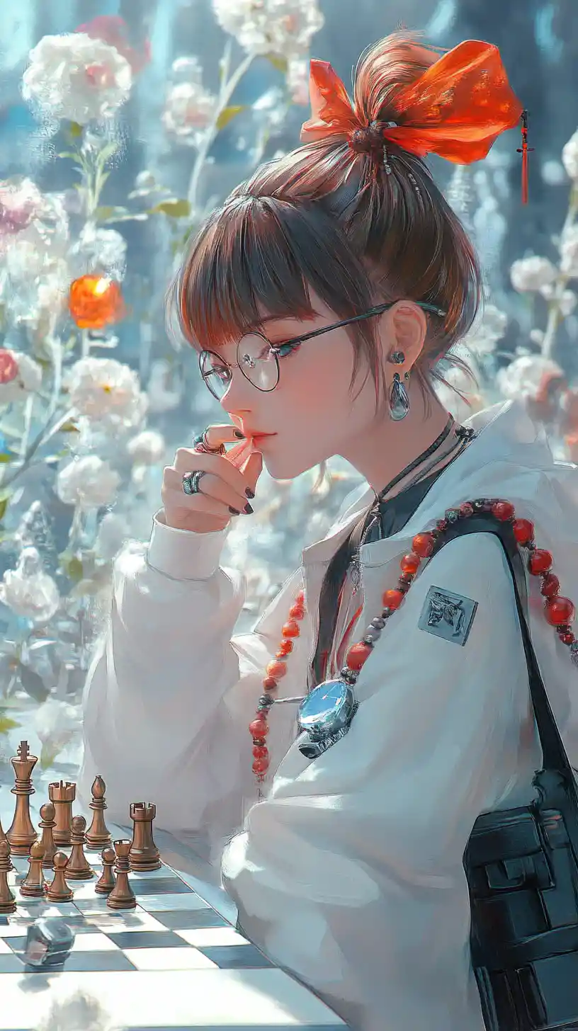 Anime girl playing chess with her mirror reflection