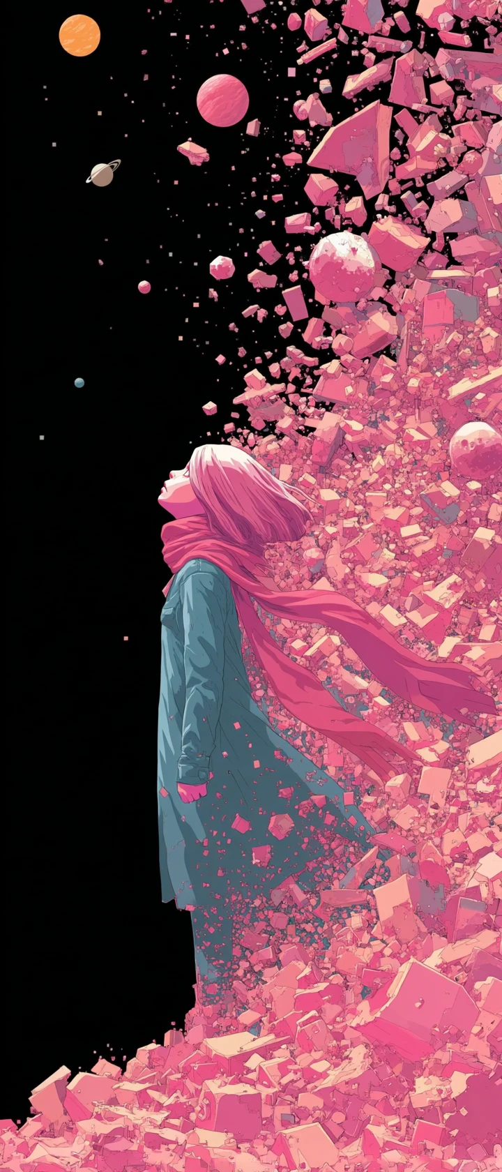 Anime girl floating in stylized galaxy with pixelated hair