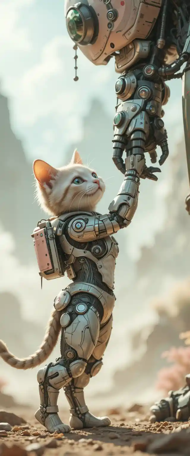 Cute robotic kitten reaching toward a giant pastel robot