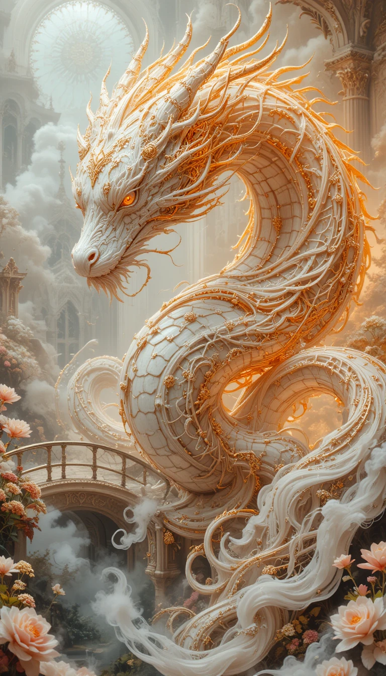 Graceful White Dragon Spirit Near A Fantasy Palace Bridge