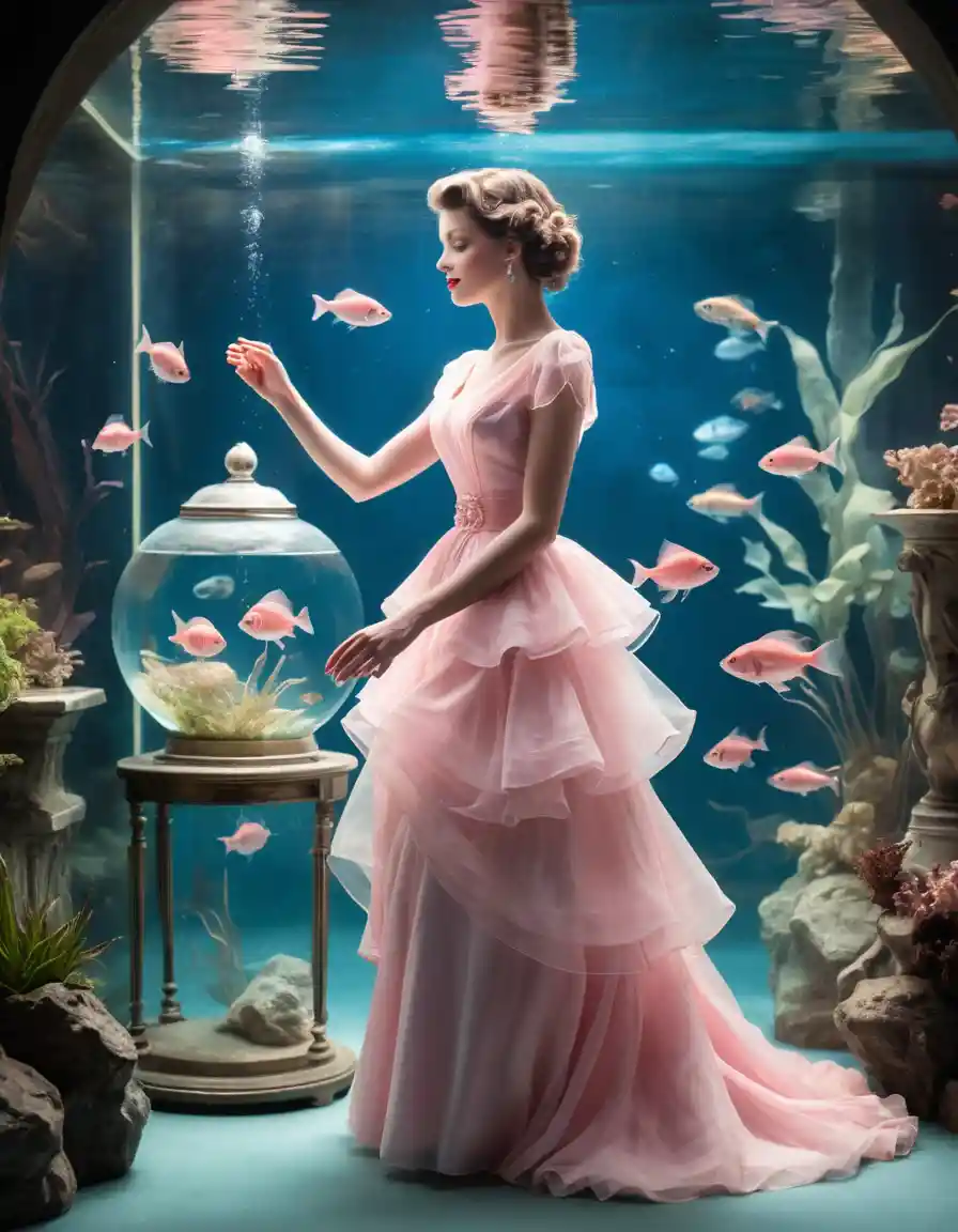 Elegant woman in pink dress beside vintage blue aquarium