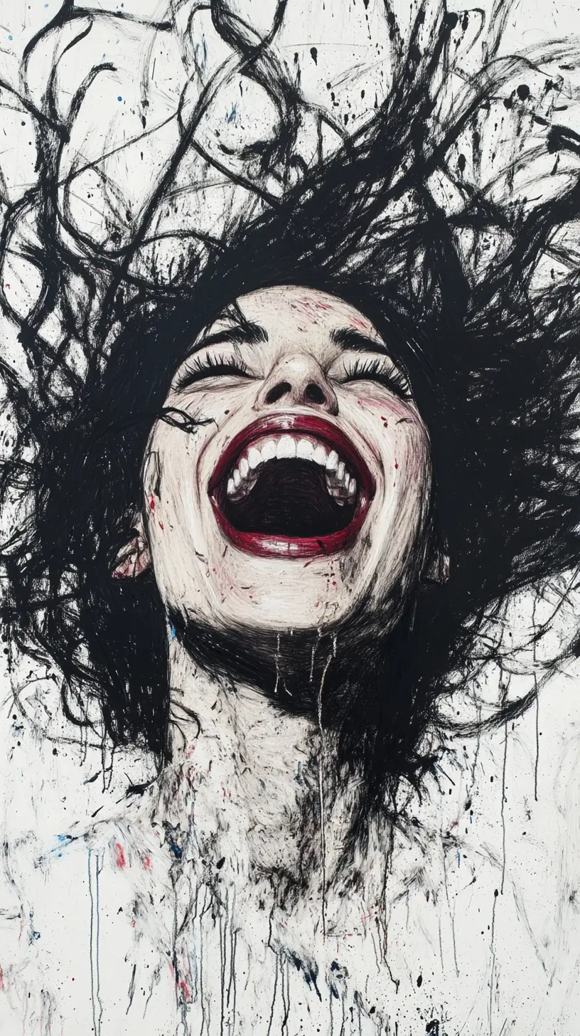 Ecstatic woman portrait with wild hair and vivid color accents
