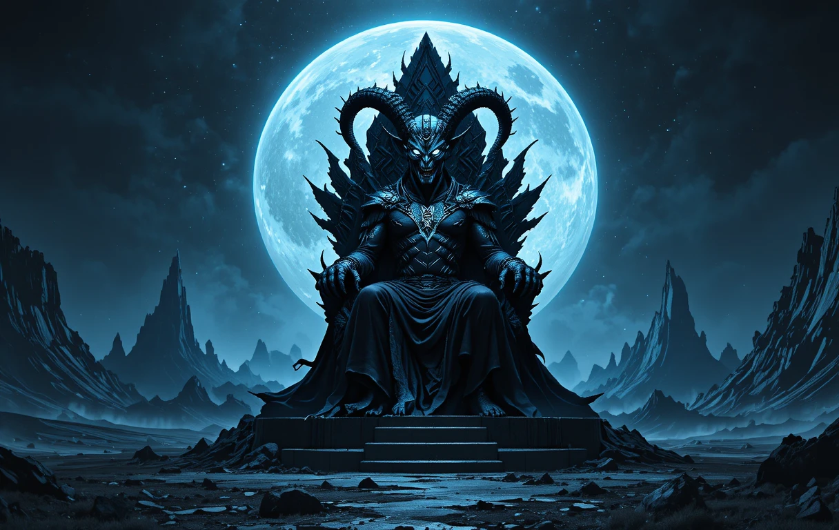 Capricorn overlord on a throne in a desolate alien realm