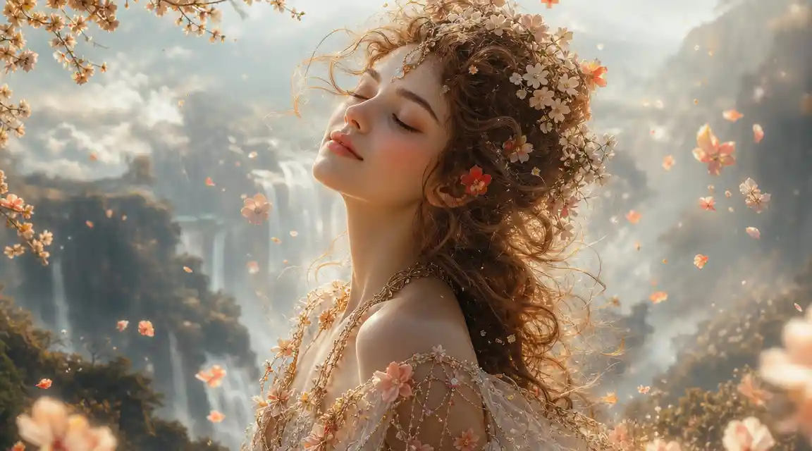 Surreal close up portrait of a peaceful woman face