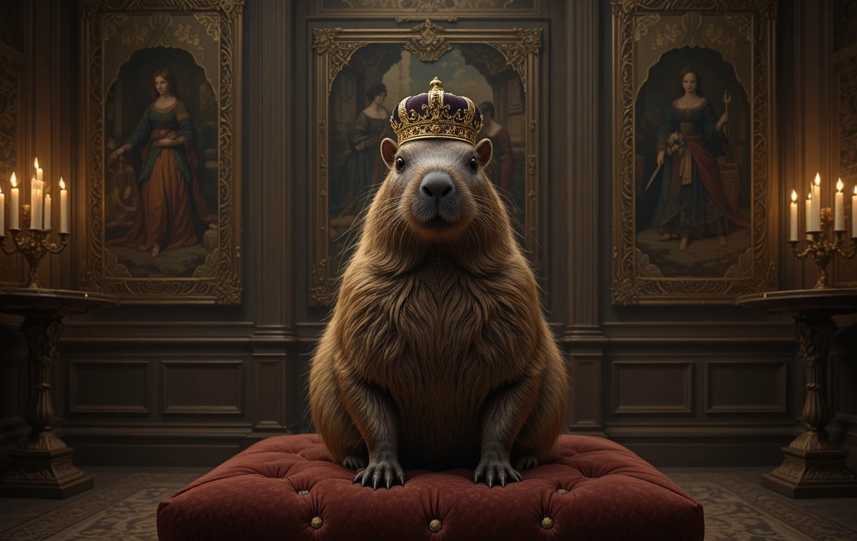Regal capybara with crown in a dim baroque chamber