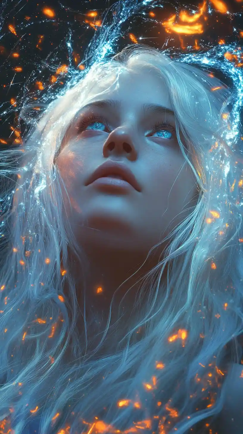 Ethereal woman with glowing hair in a cosmic void