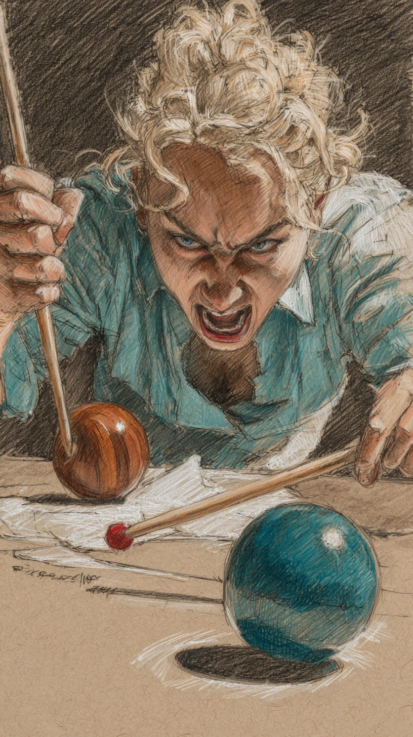 Angry blonde girl struggling with a kendama toy