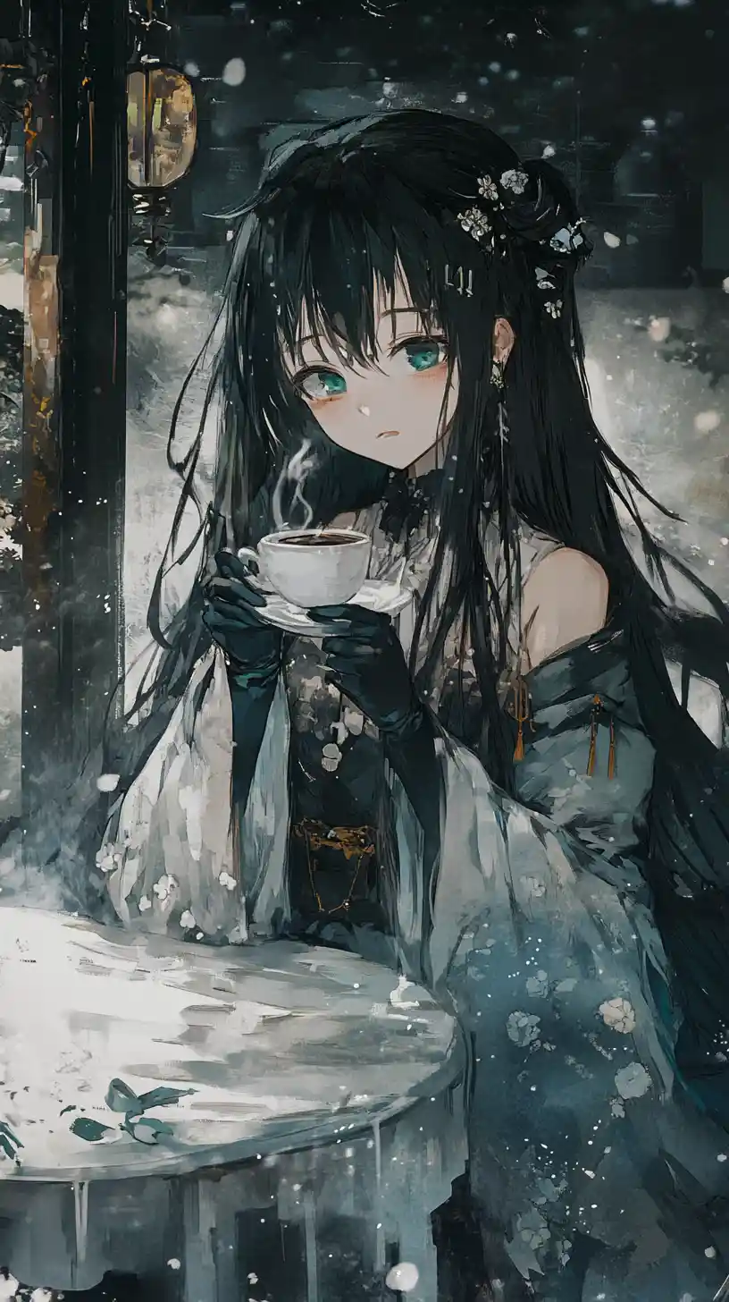 Anime girl drinking coffee at an icy gold table
