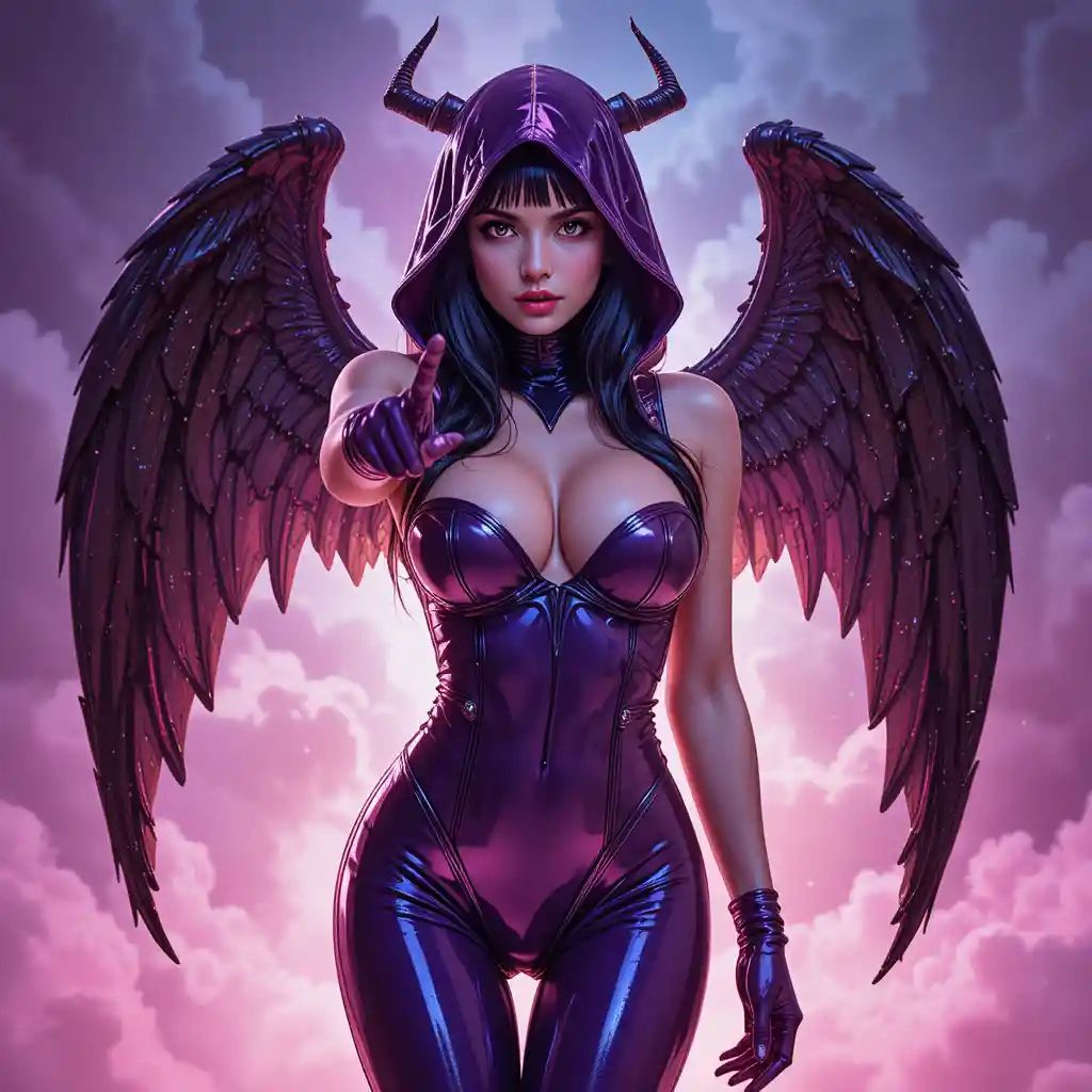 Hooded fantasy woman in purple latex with black angel wings