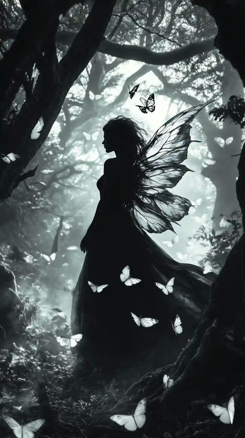 Ethereal fairy woman walking through a haunted misty forest