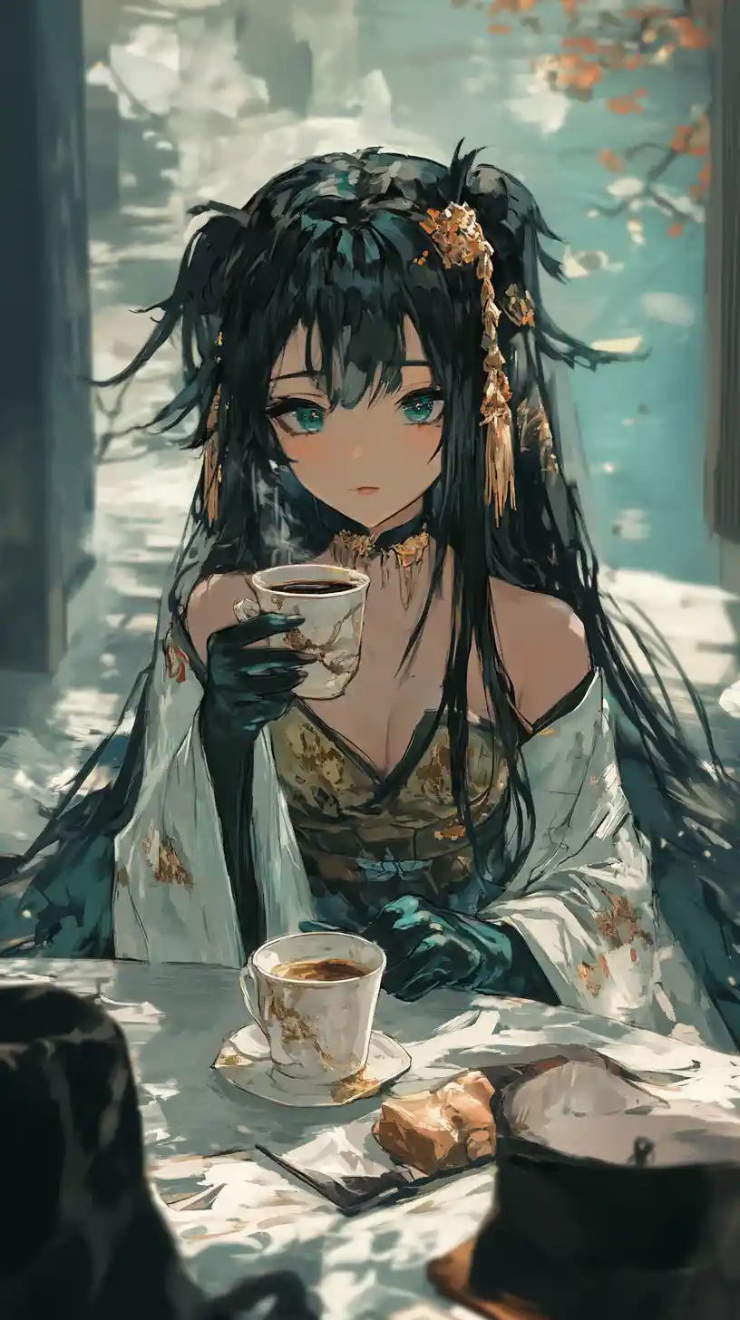 Anime girl drinking coffee at an ornate ice table