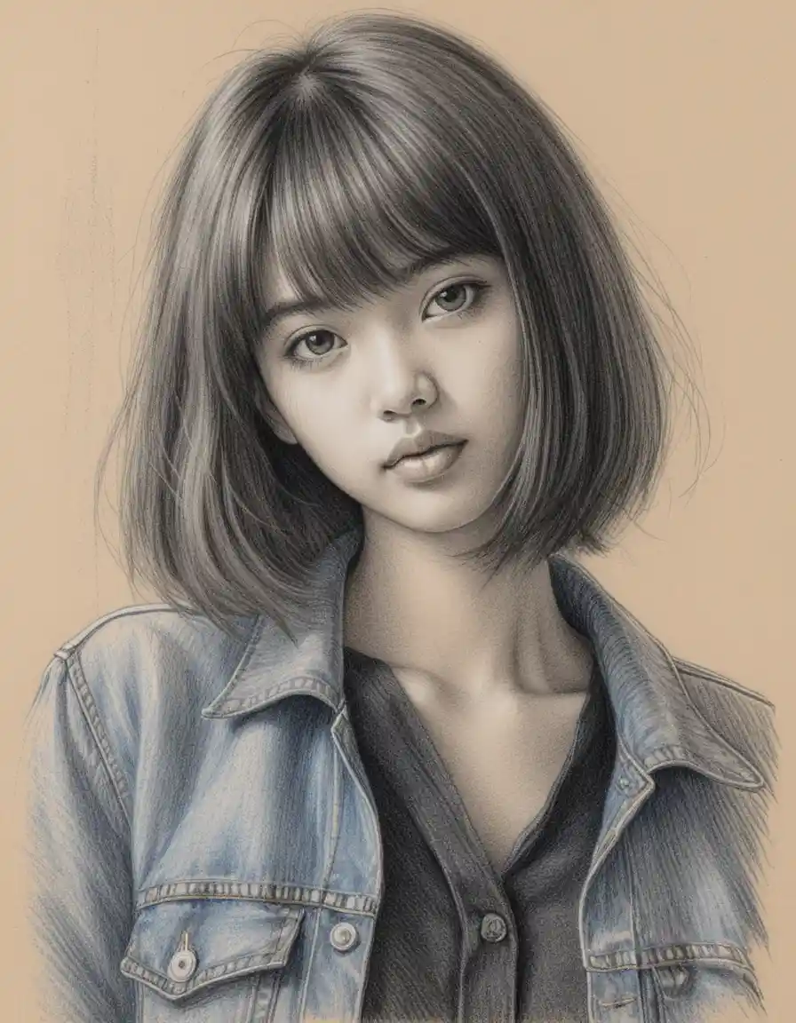 Color pencil portrait of a young asian woman in denim jacket