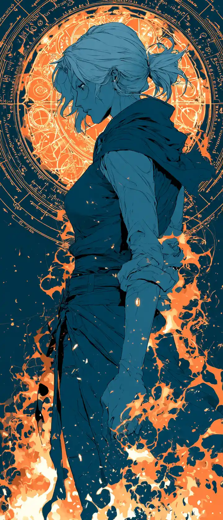Anime alchemist woman in glowing duotone magical laboratory