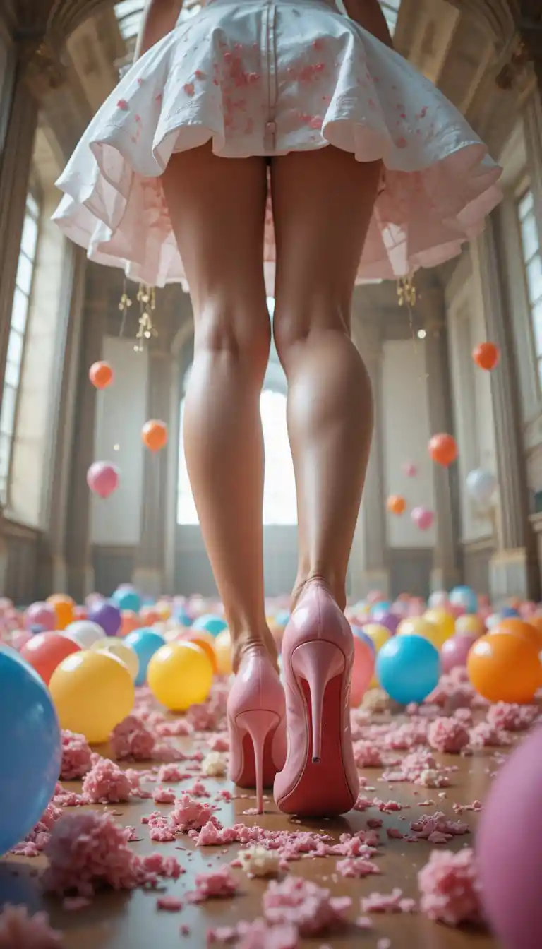 Woman in pink high heels standing among floor balloons
