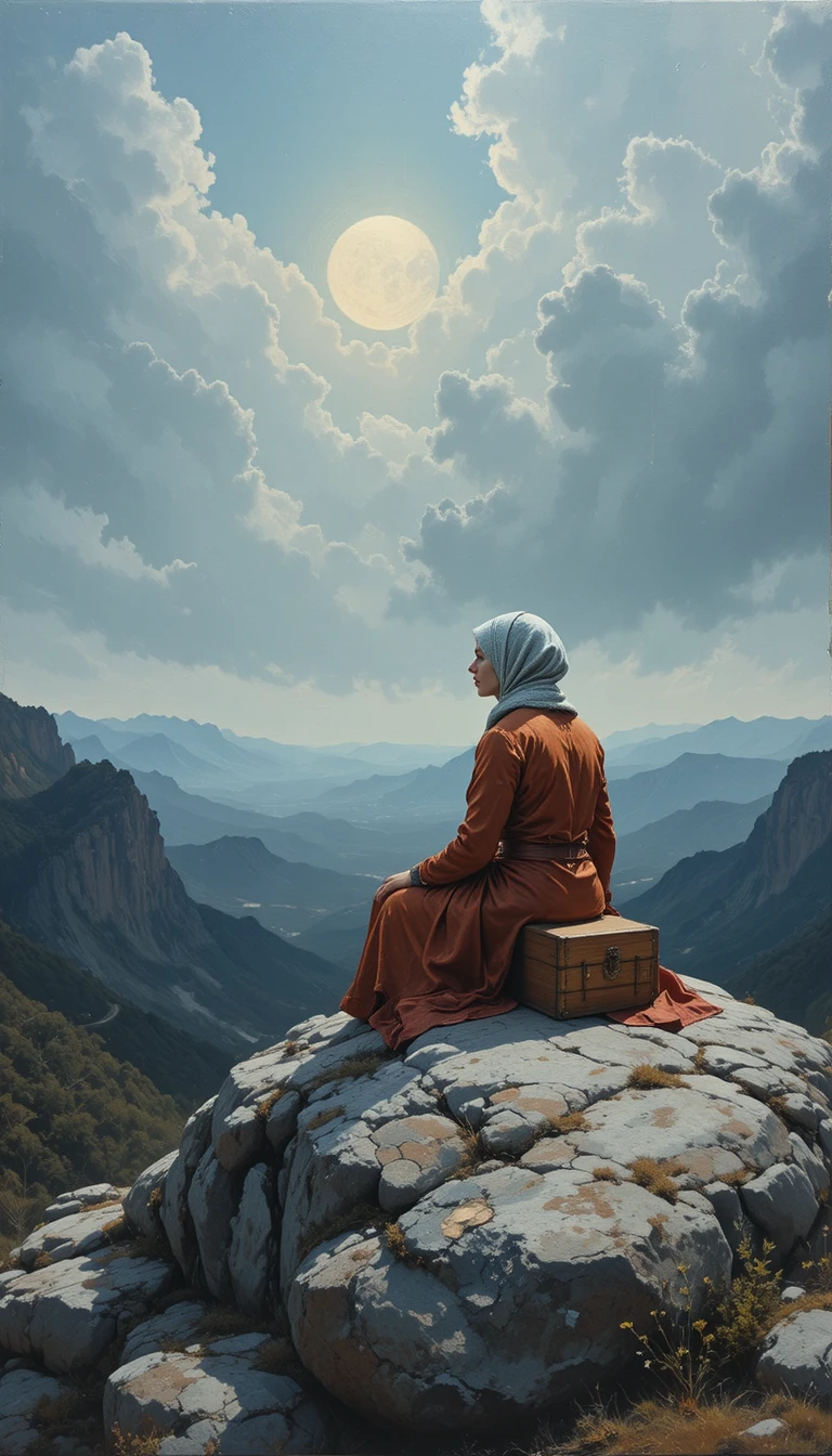 Woman on a cold rock gazing toward the starry horizon