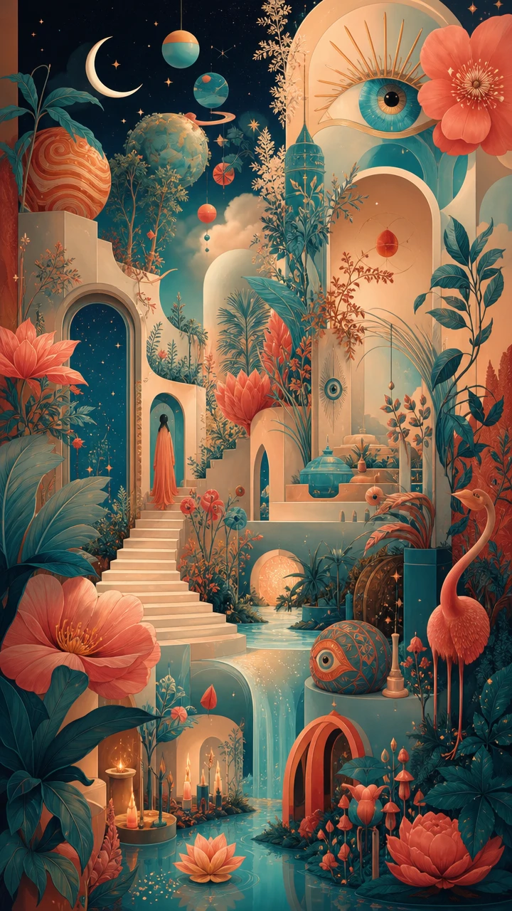 Giardino cosmico surreale pieno di strane piante luminose