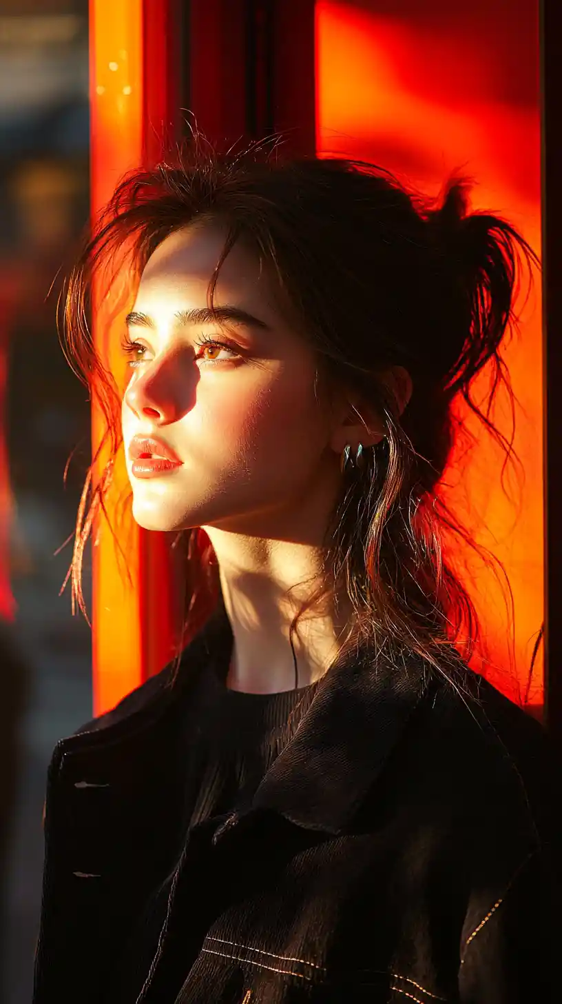 High fashion woman portrait with dramatic golden red lighting